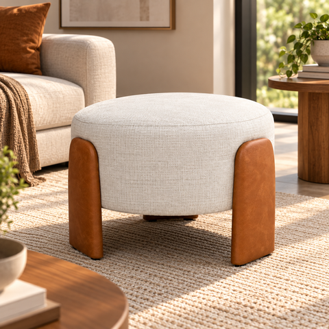 Puff Redondo Moderno Organico Premiun Luxo Reforçado Decorativo Linho Off-White Courino Caramelo Des