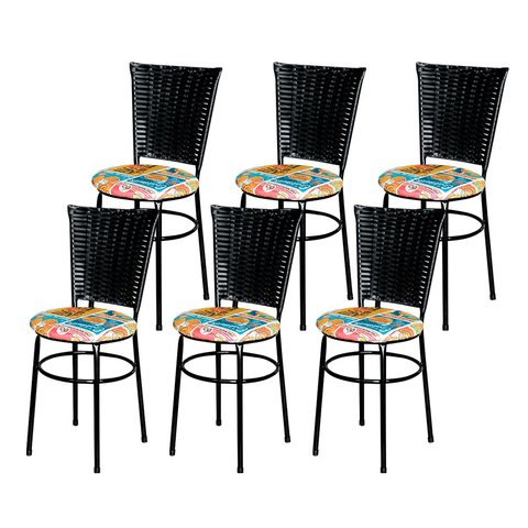 6 Cadeiras para Mesa Preta Hawai Preto Assento Floral:happy Hour