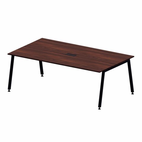 Mesa Reunião Escritório Corporativo 6 Lugares 210cm x 120cm Caixa de Tomadas e Pés Metal Industrial Marrom/Louro Preto