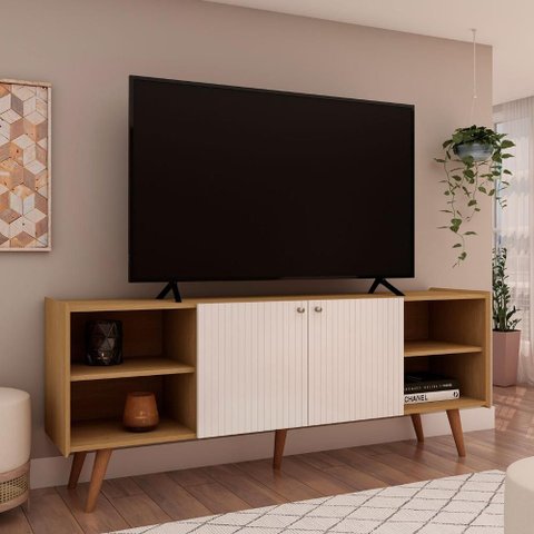 Rack para Sala 160cm C/ Portas Frisadas Pés Madeira 100% Mdf Cor:cinamomo com White Laca Frisado