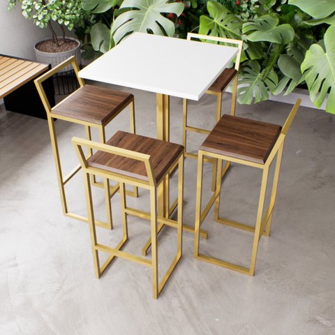 Jogo Mesa Alta Bistrô Quadrada Branca 4 Banquetas Imbuia Confort Industrial Dourado Don Castro Decor