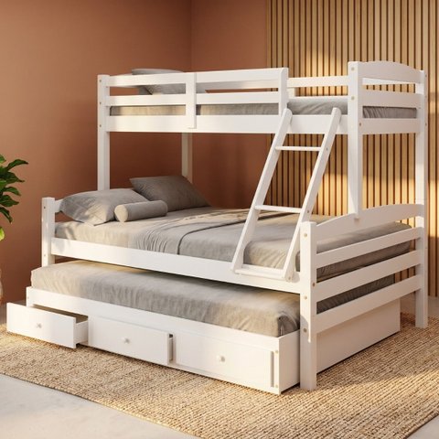 Cama Treliche Casal Casal Madeira Maciça 3 Gavetas:Branco