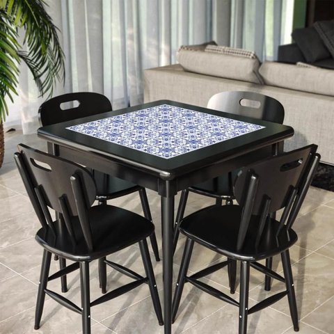 Conjunto Mesa Jantar Quadrada 80x80cm Madeira + 4 Cadeiras Cozinha Sala - Azulejo Português - Preta