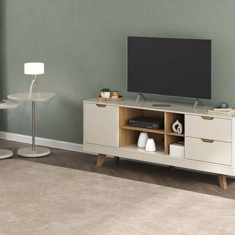Conjunto para Sala de Estar 3 Peças MDF Rack para TV e 2 Mesas Laterais Bege Off White Carvalho Bel