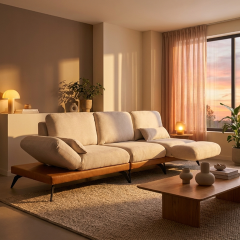 Sofá Retrátil Moderno Avelar 3 Lugares Courino Caramelo | Linho Off White - Sallar Home