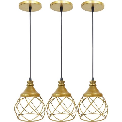3 Pendente Aramado Esfera Balonê Dourado Lustre Luminária Teto Regulável Sala Cozinha Industrial Agp