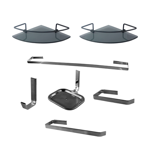 Kit Acessórios para Banheiro Quadrado Aço Inox 5 Peças + 2 Porta Shampoo Vidro Canto Preto Fosco Cód