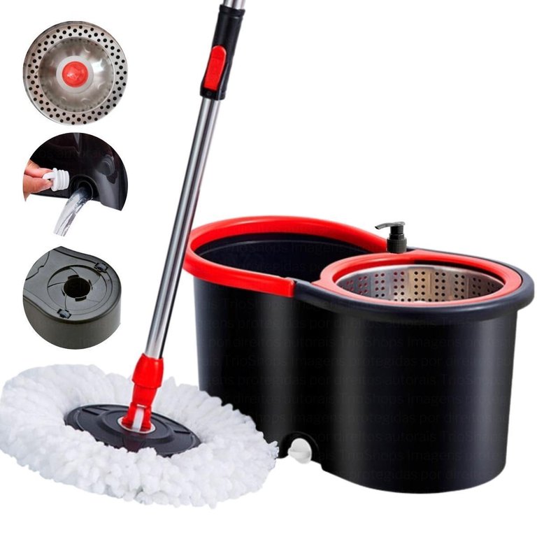 Mop Giratório 360 com Cesto em Inox Limpeza Geral Esfregão