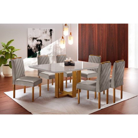 Conjunto Sala de Jantar 6 Lugares Lisy Mesa e Cadeiras Madeira Maciça Suede Móveis Mundial