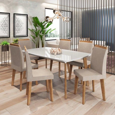Conjunto de Mesa de Jantar Jak 6 Lugares com Vidro Modelo Retrô com Pés em Madeira Cor Mesa White Ca