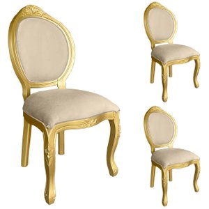 3 Cadeira Medalhao Madeira Maciça Design Ingles Luxo Poltrona Entalhada Renascentista Natural Ingles