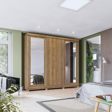 Guarda-roupa Casal 100% Mdf Kappesberg C/pés e 6 Espelhos 3 Portas de Correr 8 Gavetas Nogueira