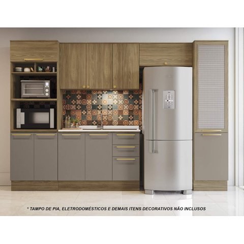 Armário de Cozinha Modulada Completa Reta 5 Peças 3,20m 222 Botanic Kappesberg - Nogueira/fendi