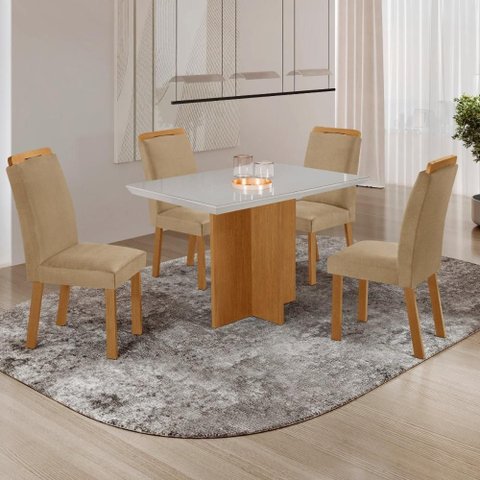 Conjunto Mesa de Jantar 120cm com 4 Cadeiras Estofadas Multimóveis Crrft-CON040 Madeirado/Off White