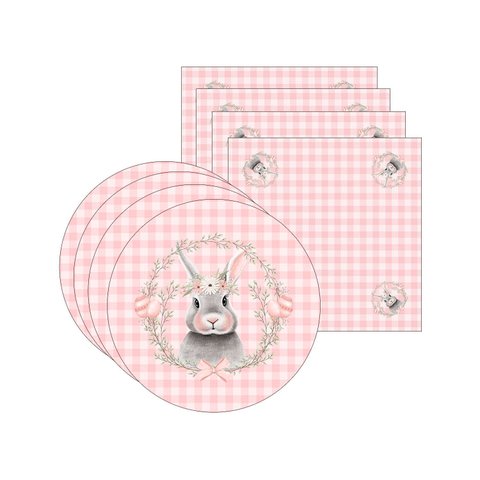 Kit Sousplat + Guardanapo Páscoa Rosa Xadrez - 4 Peças - com Base