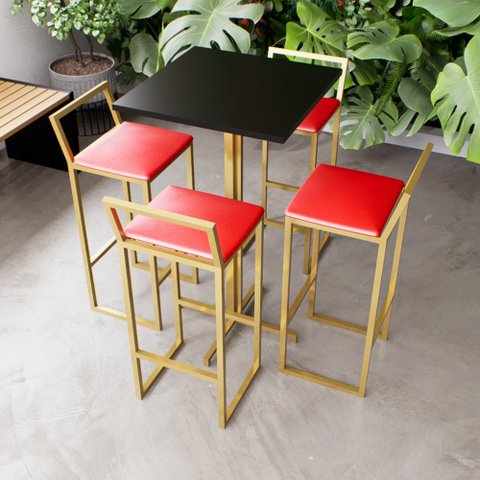 Jogo Mesa Alta Bistrô Quadrada Preta 4 Banquetas Estofado Confort Ind Dourado Don Castro