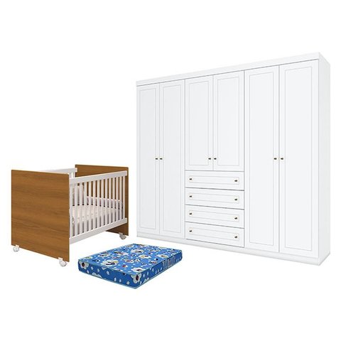 Berço Nacional Mel Branco Savana – Reller e Guarda Roupa Casal Americano 6 Portas Branco HP e Colchã