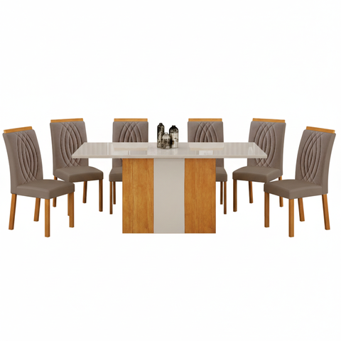 Conjunto Sala de Jantar Doha 1,60m Tampo Copo Off White com 6 Cadeiras Cinamomo/Off/Joli Camurça
