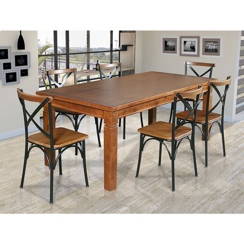 Conjunto Jantar Mesa Aurora Retangular Madeira Maciça 180x80 com 6 Cadeiras Paris Base Alumínio