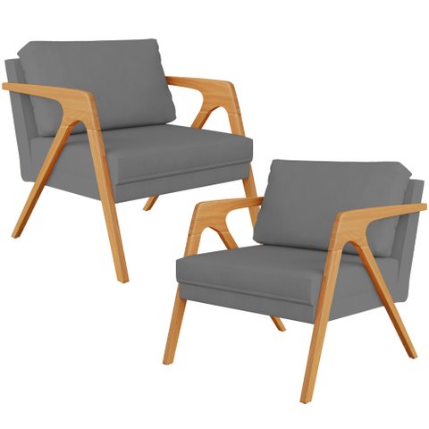 Kit 2 Poltronas Decorativa para Sala Estar Pietra Estrutura de Madeira L02 Suede Cinza - Lyam