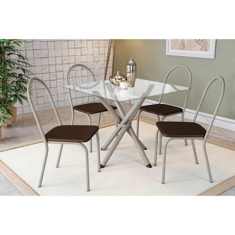 Conjunto: Mesa Sala Jantar Volga C/ Tampo de Vidro 90cm e 4 Cadeiras Noruega Niquel - Courano Marrom