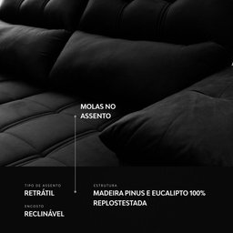 Sofá Retrátil/reclinável Verona 2,00m Suede Velut Preto C/ Molas no Assento - King House - 8