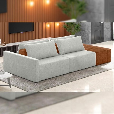 Sofá Ilha Modular para Sala 252cm com Puff Dublin K01 Linho Cinza Sintético Caramelo - Lyam Decor