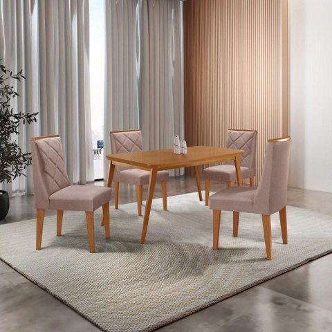 Mesa de Jantar Copper 120cm Tampo Mdf 4 Cadeiras Moderna Linho Capuccino/naturale/naturale