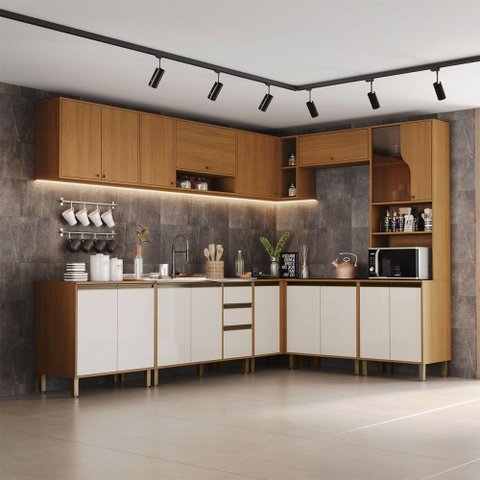 Cozinha Completa Venaly 18 Portas 2 Gavetas com Vidro Cinamomo/Off White - Henn