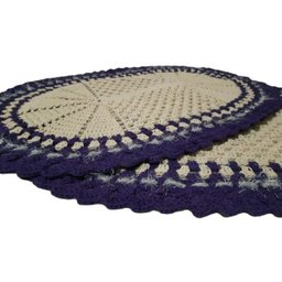 Tapete de Crochê Oval Branco e Azul Artesanal - 3