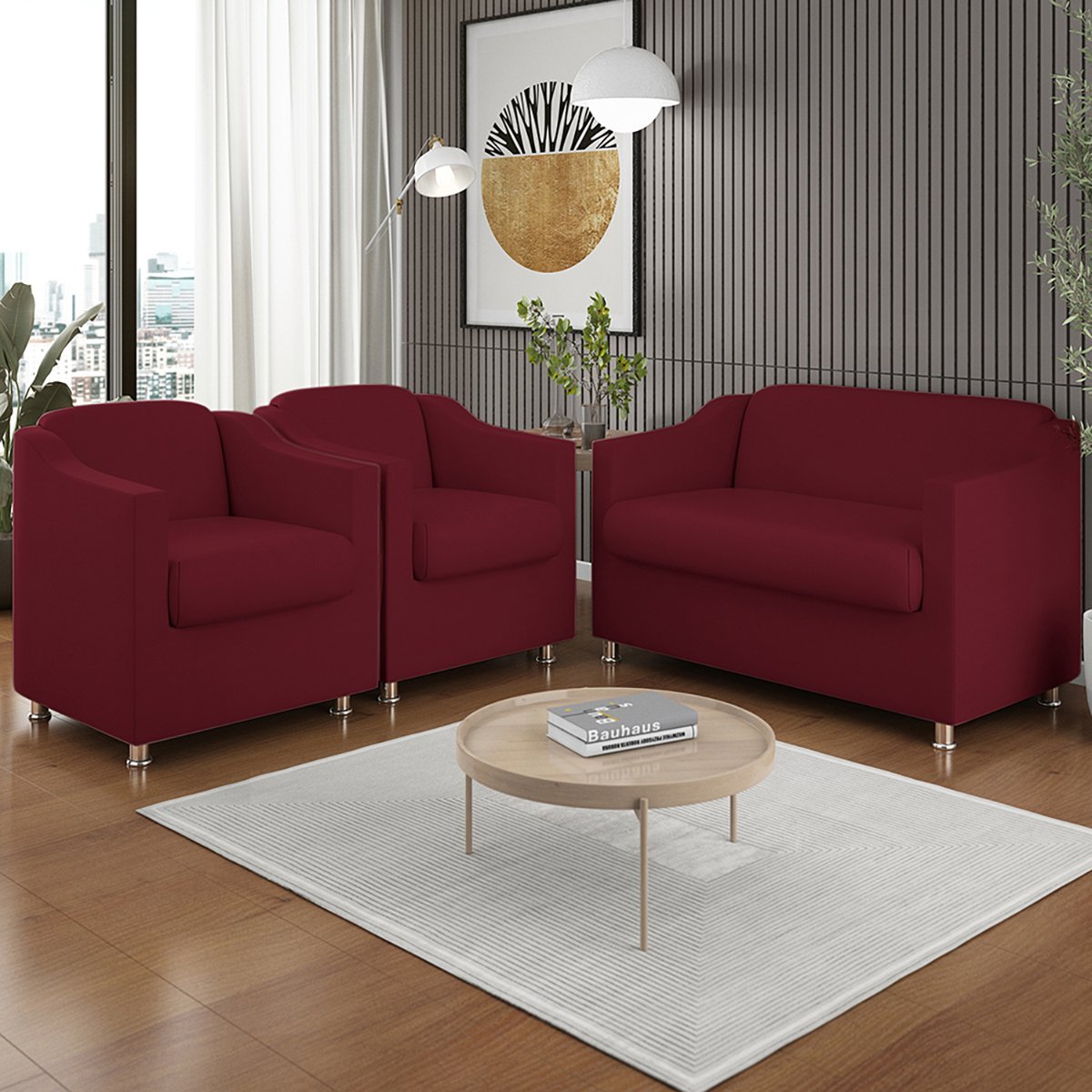 Kit 2 Poltronas Decorativas Tilla + Namoradeira Sala De Estar Cor:Marsala