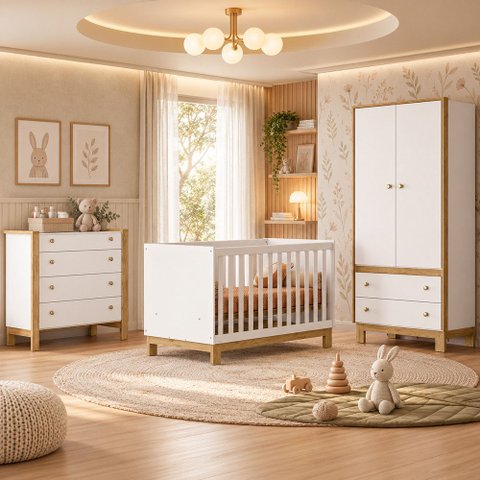 Quarto de Bebê Flora Guarda Roupa 2 Portas Cômoda 4 Gavetas Berço Qmovi