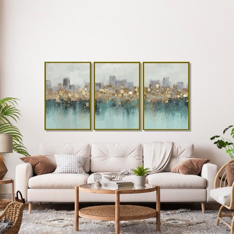 Quadro Decorativo Abstrato Verde e Dourado Kit 3 Quadros