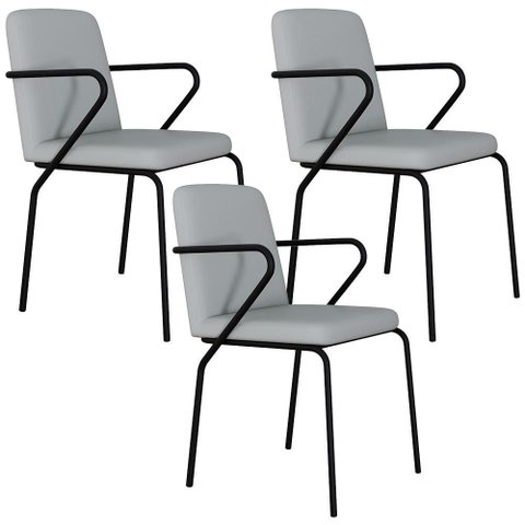 Kit 03 Cadeiras Estofada para Sala de Jantar com Braço Loft Preto C01 Courino Saturno Off White -