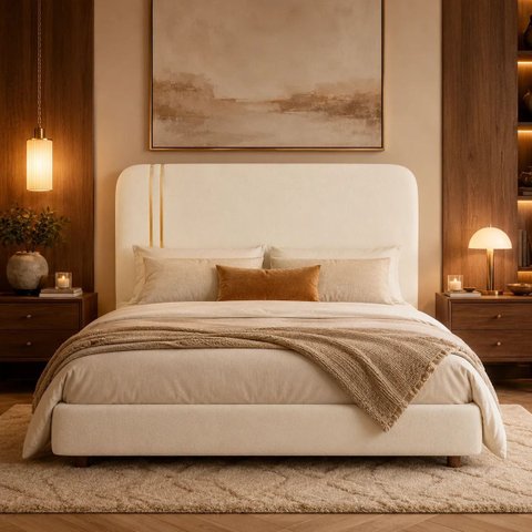 Cabeceira Glória Casal Estofada Boucle Off White com Detalhe Dourado