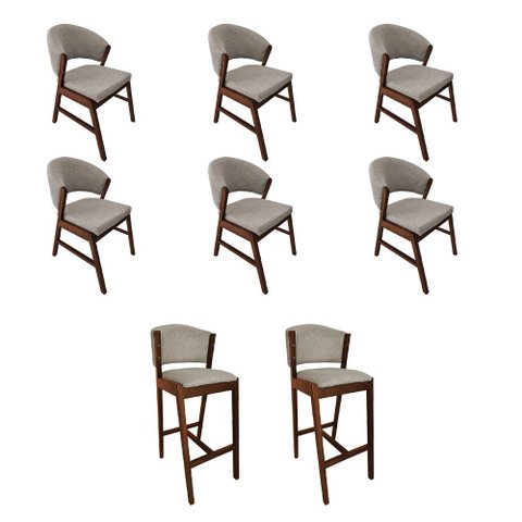 Kit 6 Cadeiras de Jantar Debora com 2 Banquetas Ana Madeira Maciça Mel Premium Linho Bege