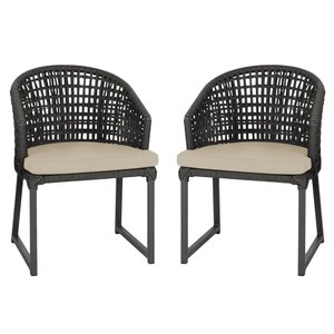 2 Cadeira Noronha Aluminio Micro Pintura Preta, Tr. Telinha Corda Nautica Preta, Estofado - Bege