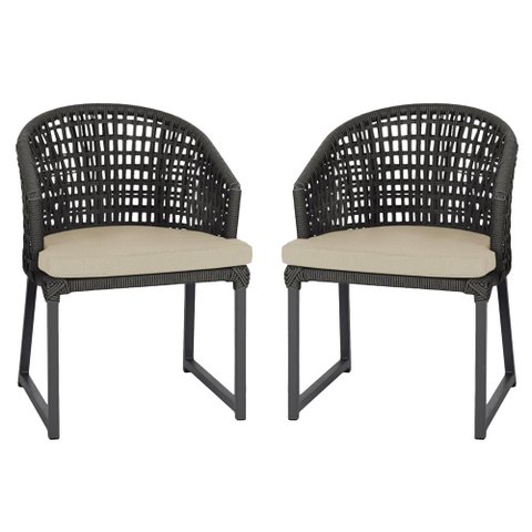 2 Cadeira Noronha Aluminio Micro Pintura Preta, Tr. Telinha Corda Nautica Preta, Estofado - Bege