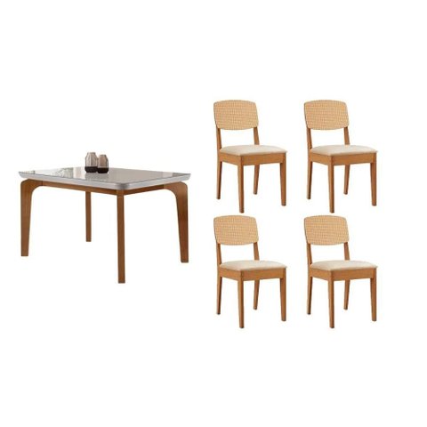 Sala Jantar Mesa Londrina Tampo c/ Vidro Curvo 120cm+4 Cadeiras Havana Naturale/Off White - Suede