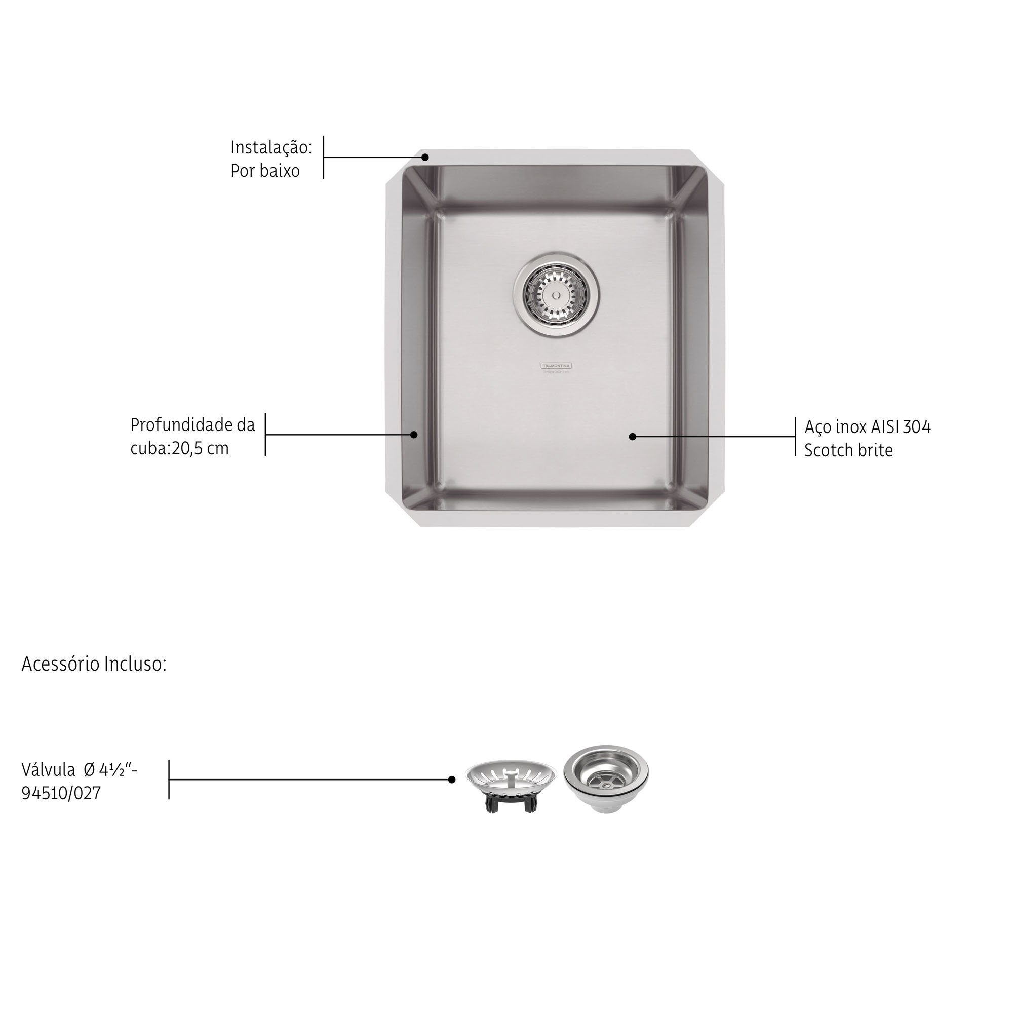 Cuba Tramontina Quadrum 34 Undermount em Aço Inox Scotch Brite 34x40cm - 2