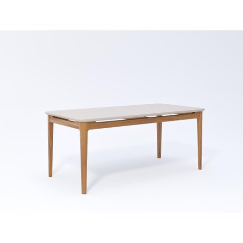 Mesa Baobá 180x90cm com Tampo de Vidro Temperado Off White e Madeira Tauari