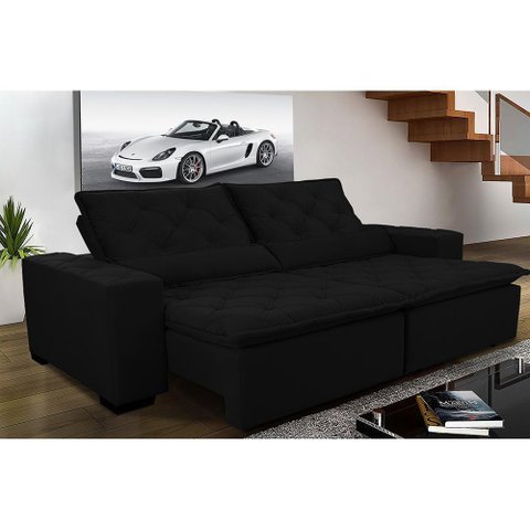 Sofá Magnum 2,22m Retrátil, Reclinável com Molas e Almofadas Lombar Tecido Suede Velusoft Preto