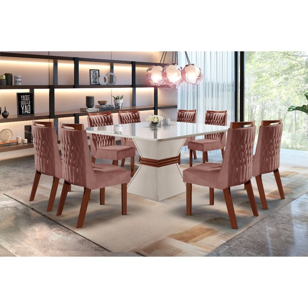 Conjunto Sala de jantar mesa Cronos off white em mdf 8 Cadeira