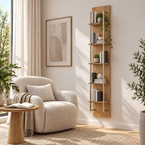 Estante Suspensa 100% MDF com LED 5 Prateleiras Aço Decoração Sala Quarto e Escritório Carvalho