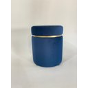 Ver imagem 1 de Puff Decorativo Redondo em Veludo Azul com Detalhe Dourado, Estilo Moderno