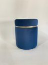 Ver imagem 1 de Puff Decorativo Redondo em Veludo Azul com Detalhe Dourado, Estilo Moderno