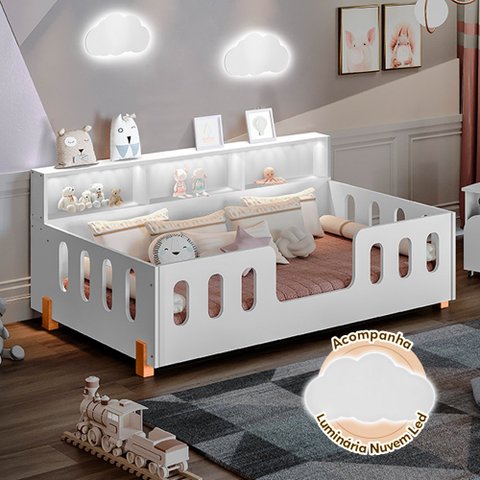Cama Infantil Montessoriana com Colchão Juvenil Led e Nicho Nina Branca + Luminária Led