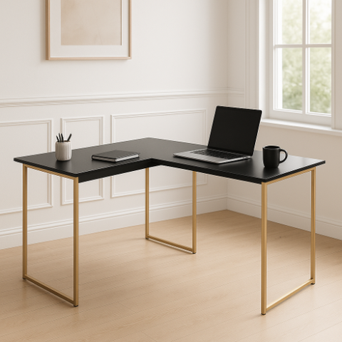 Mesa em L Estilo Industrial Escrivaninha de Canto Escritório Estudo 120x90 Max - Preto/dourado