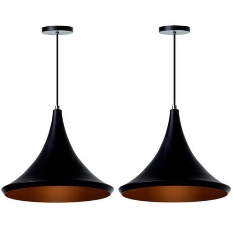 Kit 2 Lustre Pendente Chapéu Chinês 33Cm Preto Alumínio
