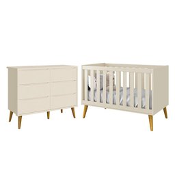 Jogo de Quarto Infantil Theo Cômoda 6 Gavetas e Berço Areia Fosco com Pés Amadeirado - Reller Mó - 1